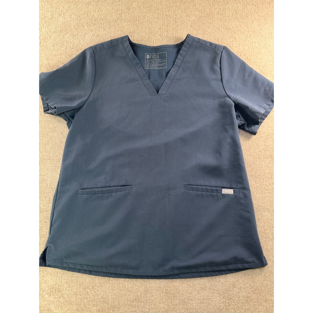 FIGS Technical Collection V-Neck Scrub Top Navy Blue Large 2-Pocket Short Sleeve